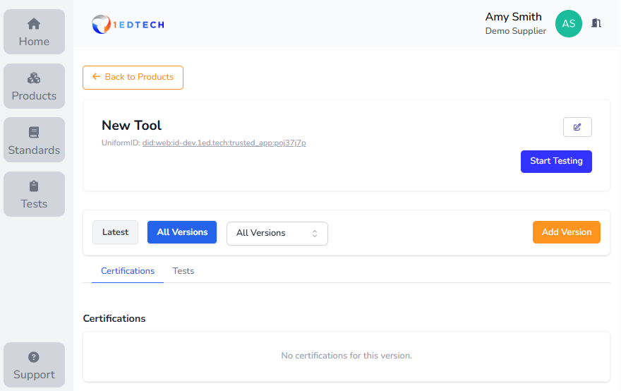 Screenshot of product selection, versioning, and the Start Testing button